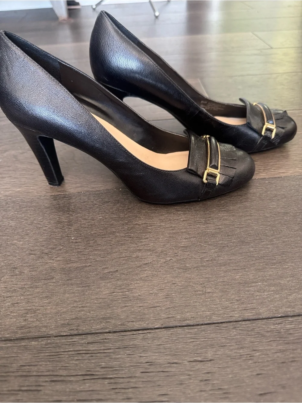 Franco Sarto Black Leather Fringe Pumps with Gold Bar